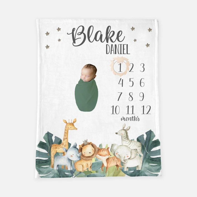 Safari Baby Milestones Blanket With Customized Name For Baby Boy Nursery, Son, Grandson