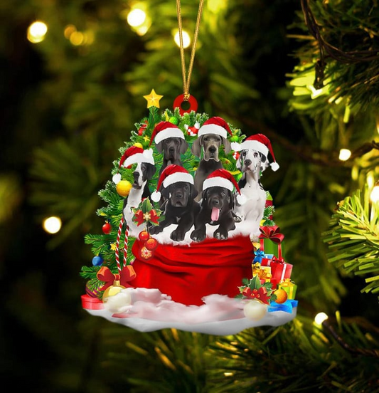 Customized Great Dane Dogs In Red Gift Bag Acrylic Christmas Ornament, Custom Name Christmas Gift For Dog Lovers, Dog Mom