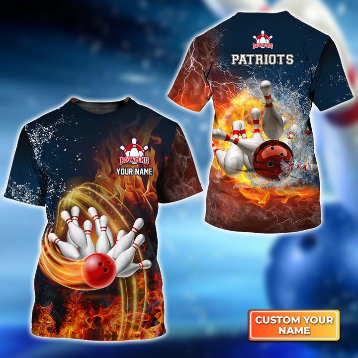 Customized Bowling T Shirt, Personalized Patriots Bowling Ball On Fire T Shirt For Men - Perfect Gift For Bowling Lovers, Bowling Players