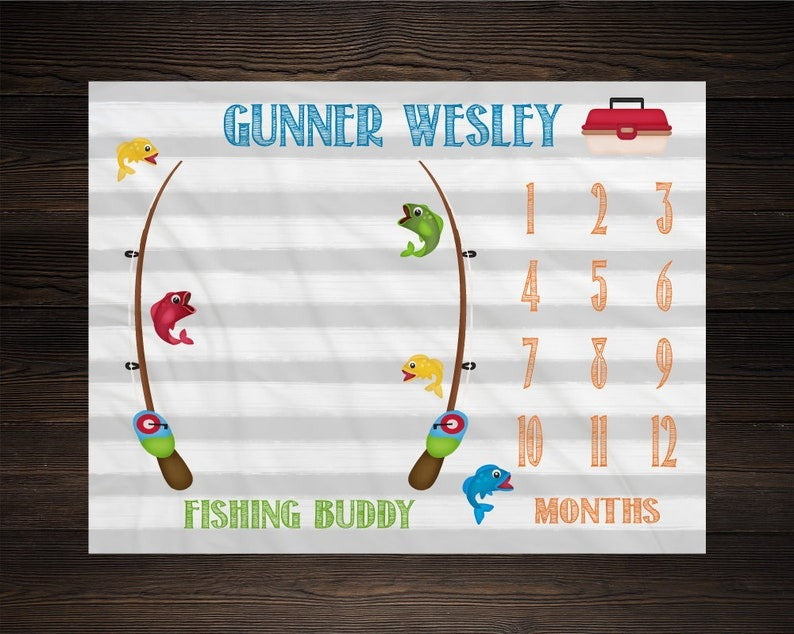 Fishing Pole Baby Milestone Blanket With Customized Name For Baby Boy Nursery, Son, Grandson, Month Gifts