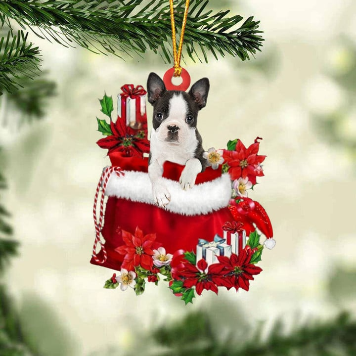 Custom Boston Terrier In Red Gift Bag Acrylic Christmas Ornament, Personalized Name Christmas Gift For Dog Lovers, Dog Mom