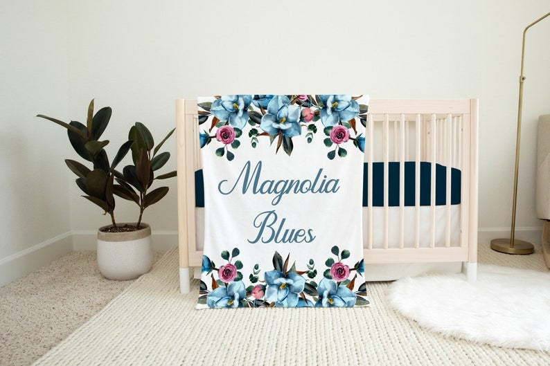 Blue Magnolia Blossom Baby Girl Blanket For Baby Girl Nursery, Daughter, Granddaughter