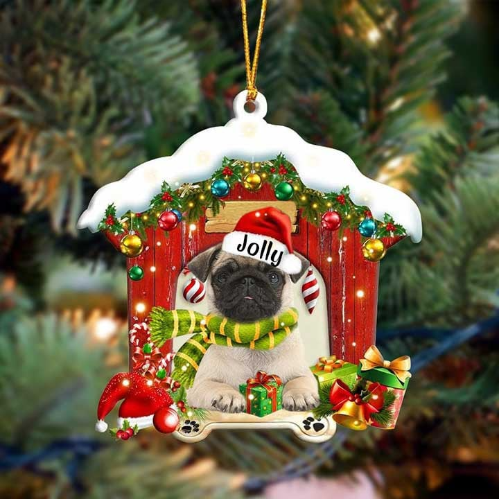 Personalized Name Pug In Red Wood House Acrylic Christmas Ornament Gift For Dog Lovers, Dog Mom