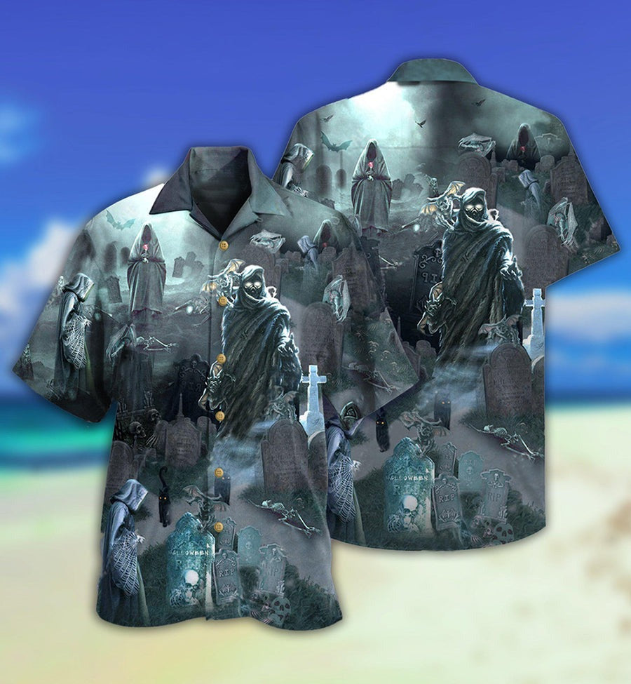 Halloween Hawaiian Shirt, Halloween Death Could Not Hold Him In Tomb With Grey Back Ground  Aloha Shirt - Halloween Gift For Members Family, Friends