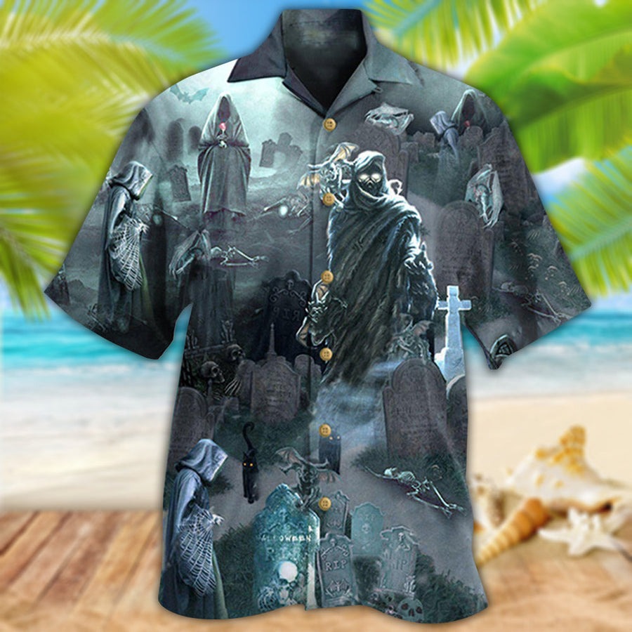 Halloween Hawaiian Shirt, Halloween Death Could Not Hold Him In Tomb With Grey Back Ground  Aloha Shirt - Halloween Gift For Members Family, Friends