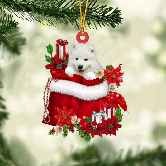 Personalized Name Samoyed In Red Gift Bag Acrylic Christmas Ornament, Custom Christmas Gift For Dog Lovers, Dog Mom