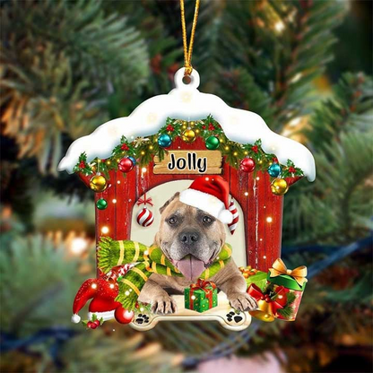 Personalized Name Staffordshire Bull Terrier In Red Wood House Acrylic Christmas Ornament Gift For Dog Lovers, Dog Mom