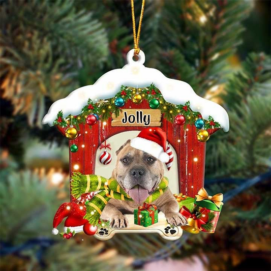 Personalized Name Staffordshire Bull Terrier In Red Wood House Acrylic Christmas Ornament Gift For Dog Lovers, Dog Mom