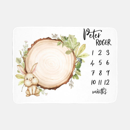 Woodland Bunny Baby Milestones Blanket With Customized Name For Baby Boy Girl Nursery, Son, Grandson, Daughter, Granddaughter