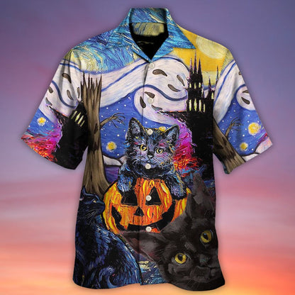 Halloween Black Cat Hawaiian Shirt, Black Cat Starry Night, Funny Cat Aloha Shirt For Men & Women - Halloween Gift For Members Family, Friends