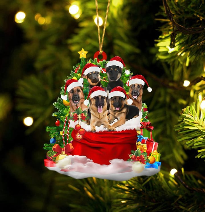 Customized German Shepherd Dogs In Red Gift Bag Acrylic Christmas Ornament, Custom Name Christmas Gift For Dog Lovers, Dog Mom