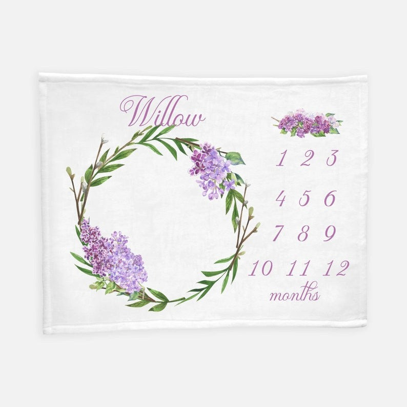 Willow And Lilac Baby Milestones Blanket With Customized Name For Baby Girl Nursery, Daughter, Granddaughter