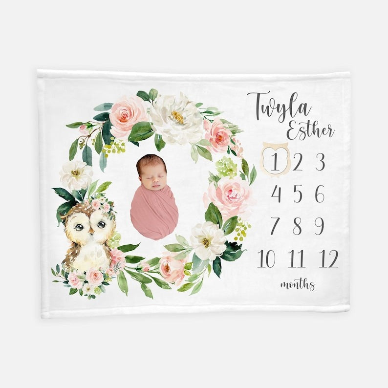 Owl Floral Wreath Baby Milestone Blanket With Customized Name For Baby Girl Nursery, Daughter, Granddaughter, Month Gifts