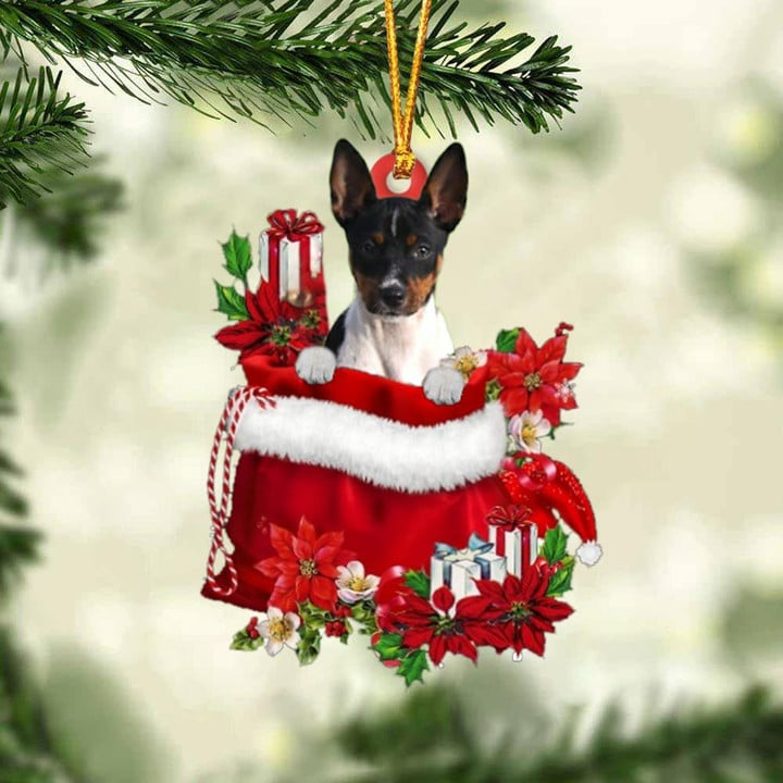 Personalized Name Rat Terrier In Red Gift Bag Acrylic Christmas Ornament, Custom Christmas Gift For Dog Lovers, Dog Mom