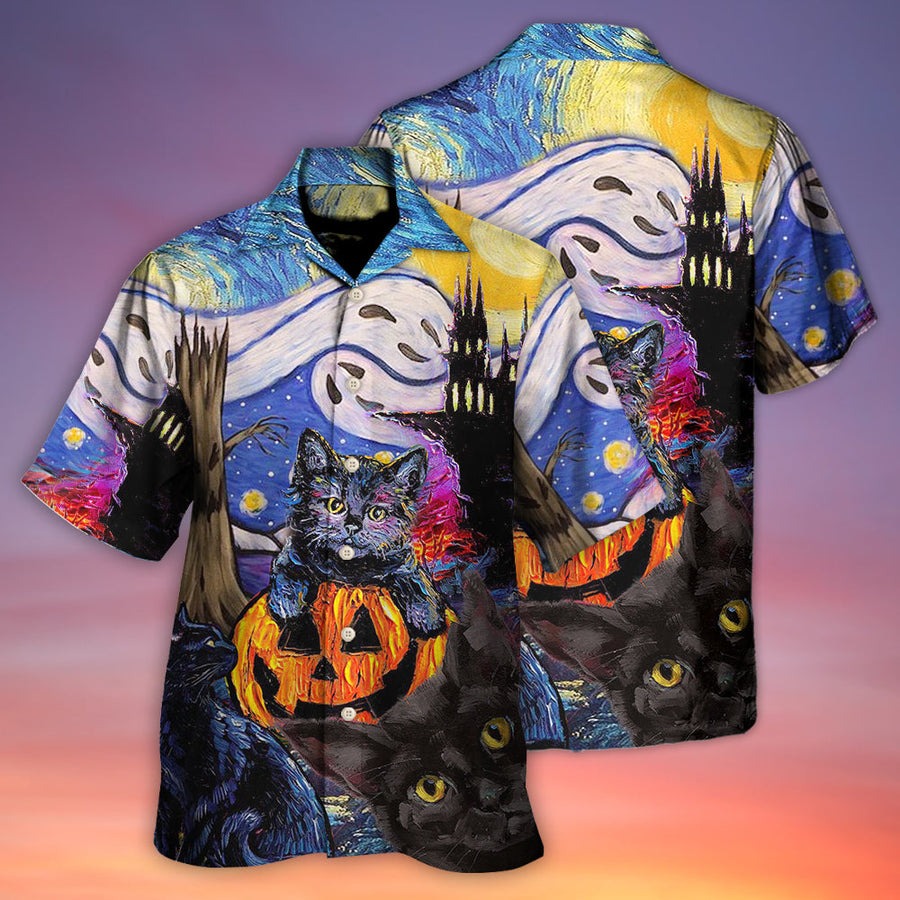 Halloween Black Cat Hawaiian Shirt, Black Cat Starry Night, Funny Cat Aloha Shirt For Men & Women - Halloween Gift For Members Family, Friends