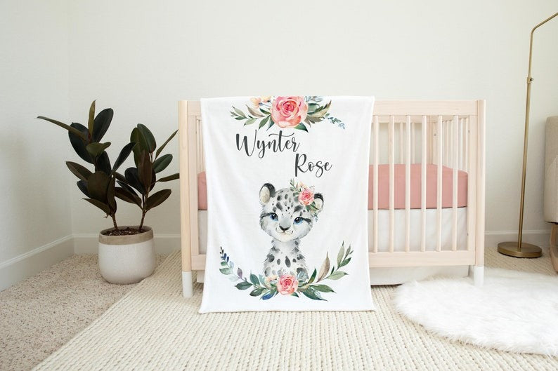 Siberian Snow Leopard Baby Kids Blanket With Customized Name For Baby Girl Nursery, Daughter, Granddaughter, Month Gifts