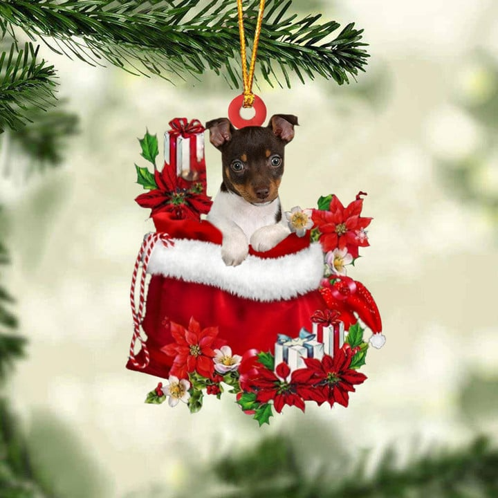 Personalized Name Rat Terrier In Red Gift Bag Acrylic Christmas Ornament, Custom Christmas Gift For Dog Lovers, Dog Mom