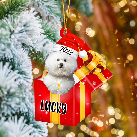 Customized Bichon Frise In Red Gift Box Acrylic Christmas Ornament Personalized Pet Christmas Ornament - Gift For Dog Lovers, Pet Lovers