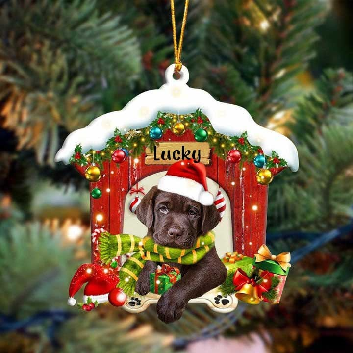 Personalized Name Chocolate Labrador In Red Wood House Acrylic Christmas Ornament Gift For Dog Lovers, Dog Mom