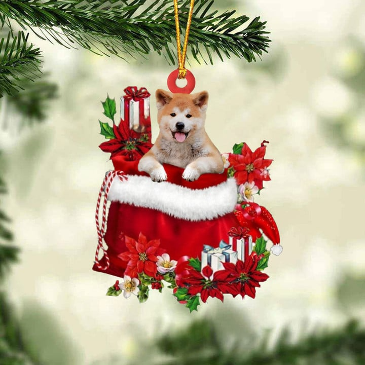 Custom Shiba Inu In Red Gift Bag Acrylic Christmas Ornament, Personalized Name Christmas Gift For Dog Lovers, Dog Mom