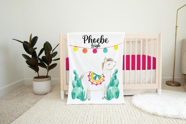 Llama Cactus Baby Kids Blanket With Customized Name For Baby Girl Nursery, Daughter, Granddaughter, Month Gifts