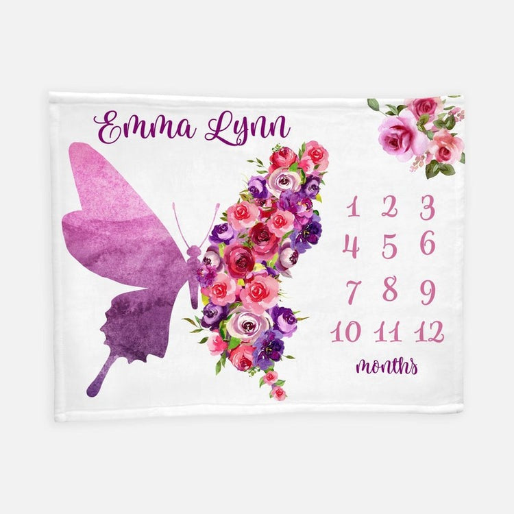 Purple Floral Butterfly Baby Milestones Blanket With Customized Name For Baby Girl Nursery, Daughter, Granddaughter