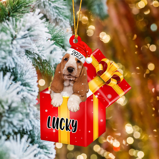 Customized Basset Hound In Red Gift Box Acrylic Christmas Ornament Personalized Pet Christmas Ornament - Gift For Dog Lovers, Pet Lovers