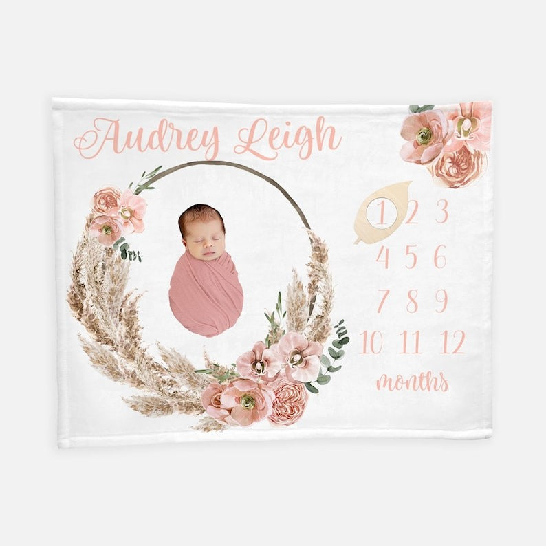 Boho Floral Pampas Grass Baby Milestone Blanket With Customized Name For Baby Girl Nursery, Daughter, Granddaughter, Month Gifts