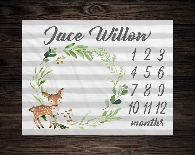 Baby Deer Baby Milestone Blanket With Customized Name For Baby Boy Girl Nursery, Daughter, Granddaughter, Son, Grandson, Month Gifts