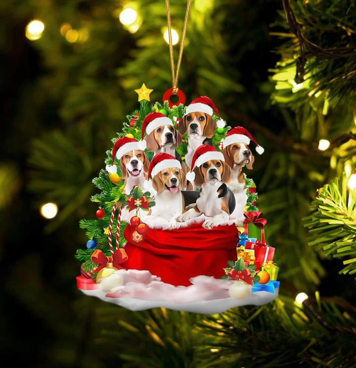 Customized Beagle Dogs In Red Gift Bag Acrylic Christmas Ornament, Custom Name Christmas Gift For Dog Lovers, Dog Mom