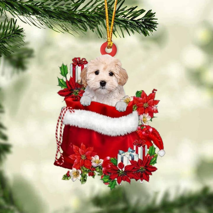 Custom Name Maltipoo In Red Gift Bag Acrylic Christmas Ornament, Customized Christmas Gift For Dog Lovers, Dog Mom