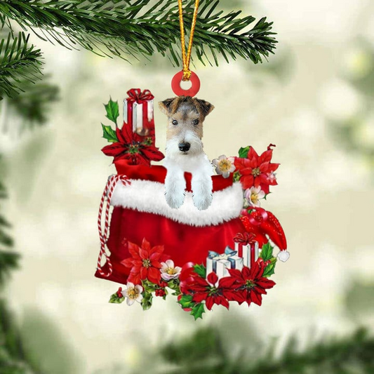 Custom Fox Terrier In Red Gift Bag Acrylic Christmas Ornament, Personalized Name Christmas Gift For Dog Lovers, Dog Mom