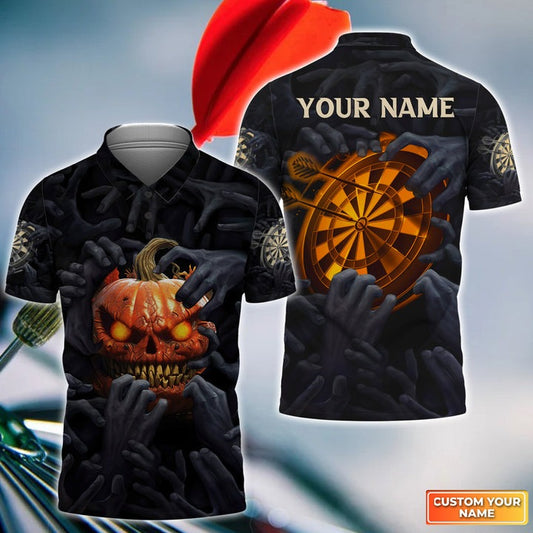 Customized Name Darts Men Polo Shirt, Bullseye Dartboard Personalized Pumpkin And Darts Polo Shirt - Gift For Darts Players, Darts Lovers
