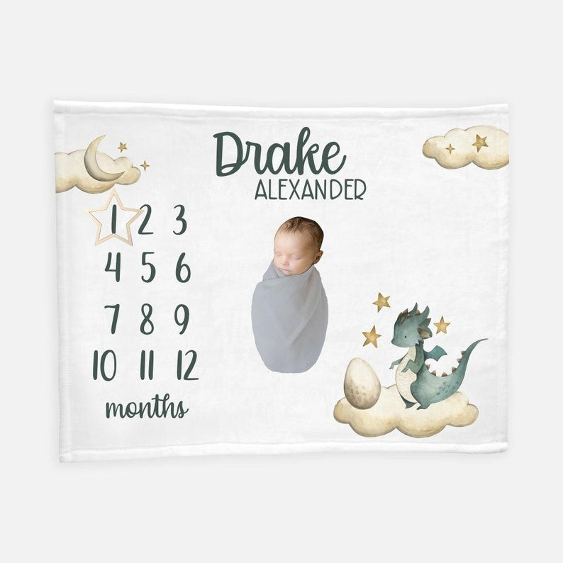 Dragon Baby Milestones Blanket With Customized Name For Baby Boy Girl Nursery, Son, Grandson, Daughter, Granddaughter