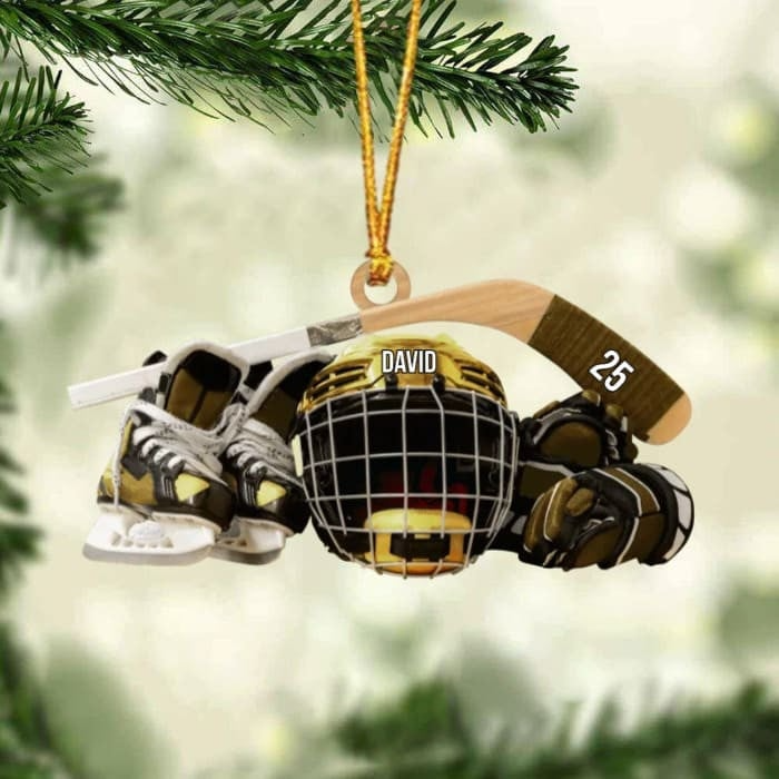 Customized Hockey Skates Helmet And Stick Christmas Ornament, Custom Hockey Acrylic Ornament, Christmas Gift For Hockey Lovers