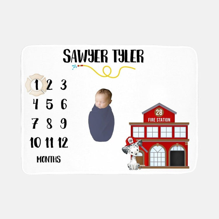 Fireman Baby Milestones Blanket With Customized Name For Baby Boy Nursery, Son, Grandson