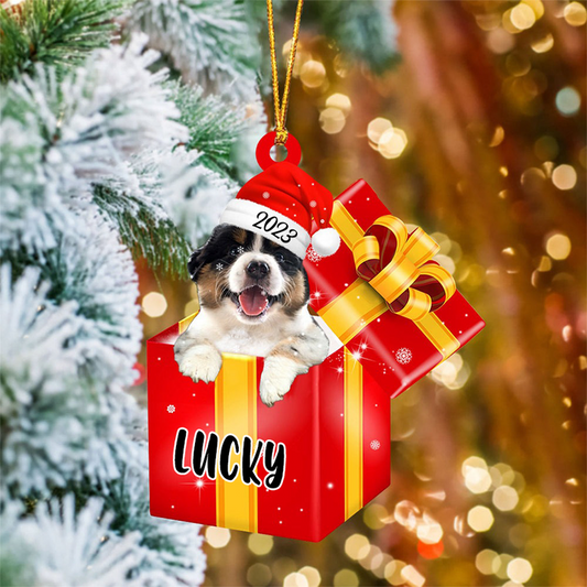 Customized Australian Shepherd In Red Gift Box Acrylic Christmas Ornament Personalized Pet Christmas Ornament - Gift For Dog Lovers, Pet Lovers