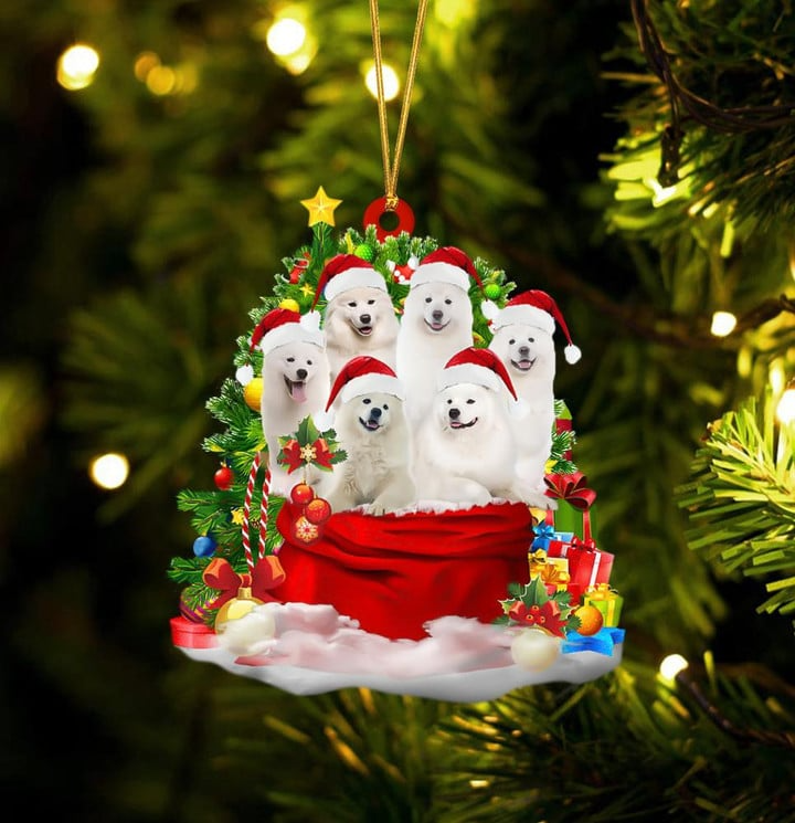 Customized Samoyed Dogs In Red Gift Bag Acrylic Christmas Ornament, Custom Name Christmas Gift For Dog Lovers, Dog Mom