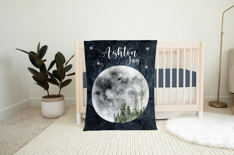 Luna Full Moon Baby Kids Blanket With Customized Name For Baby Boy Girl Nursery, Daughter, Granddaughter, Son, Grandson, Month Gifts