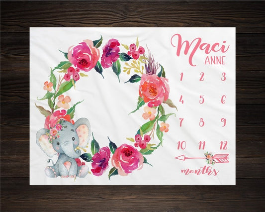 Pink Floral Baby Elephant Baby Milestone Blanket With Customized Name For Baby Girl Nursery, Daughter, Granddaughter, Month Gifts