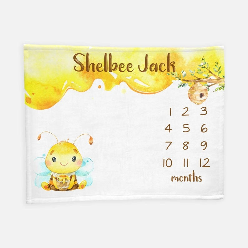 Bumble Bee Baby Milestones Blanket With Customized Name For Baby Boy Girl Nursery, Son, Grandson, Daughter, Granddaughter