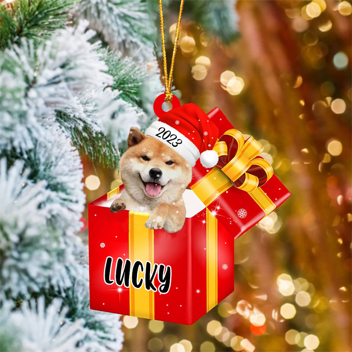 Customized Name Shiba Inu In Red Gift Box Acrylic Christmas Ornament Custom Pet Christmas Ornament - Gift For Dog Lovers, Pet Lovers