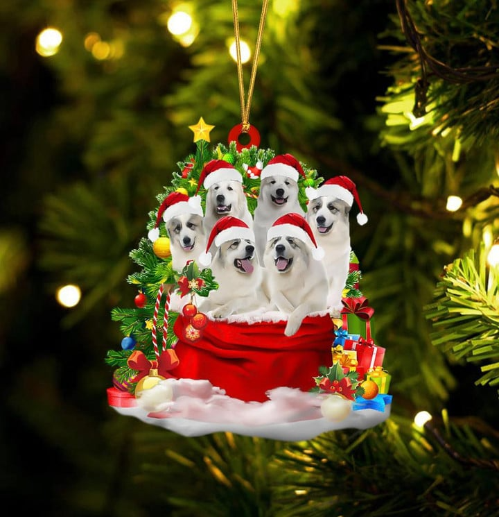 Personalized Great Pyrenees Dogs In Red Gift Bag Acrylic Christmas Ornament, Custom Name Christmas Gift For Dog Lovers, Dog Mom