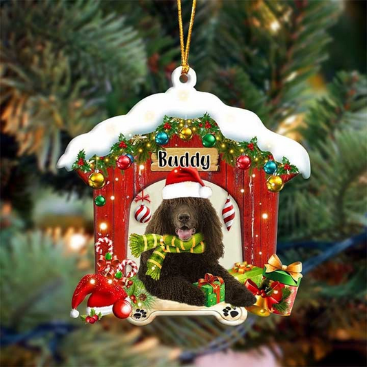 Custom Name Irish Water Spaniel In Red Wood House Acrylic Christmas Ornament Gift For Dog Lovers, Dog Mom