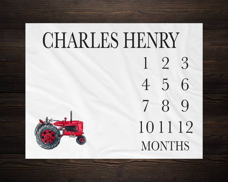 Red Tractor Baby Milestone Blanket With Customized Name For Baby Boy Nursery, Son, Grandson, Month Gifts