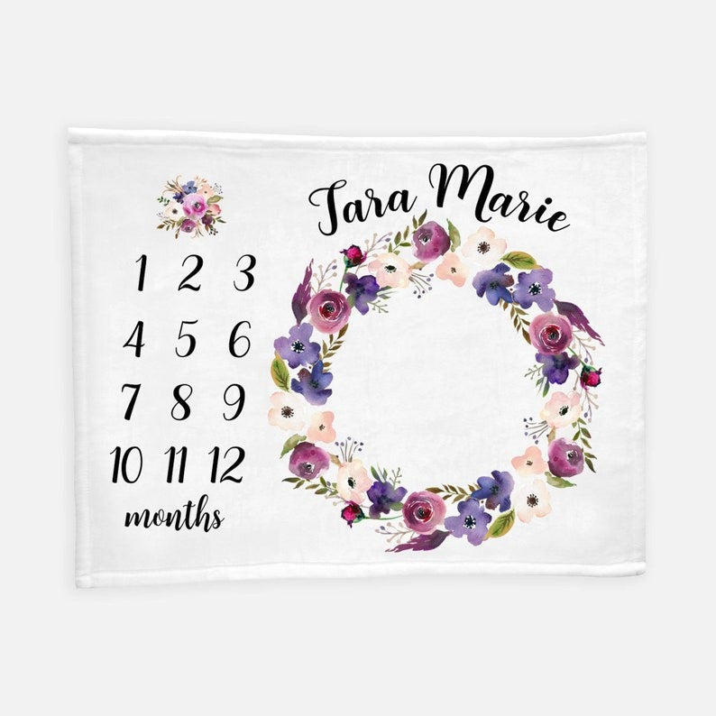 Floral Lavender Baby Milestones Blanket With Customized Name For Baby Girl Nursery, Daughter, Granddaughter