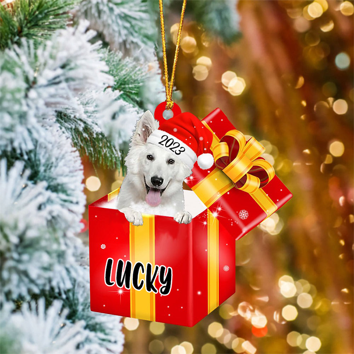Customized Name White German Shepherd In Red Gift Box Acrylic Christmas Ornament Custom Pet Christmas Ornament - Gift For Dog Lovers, Pet Lovers