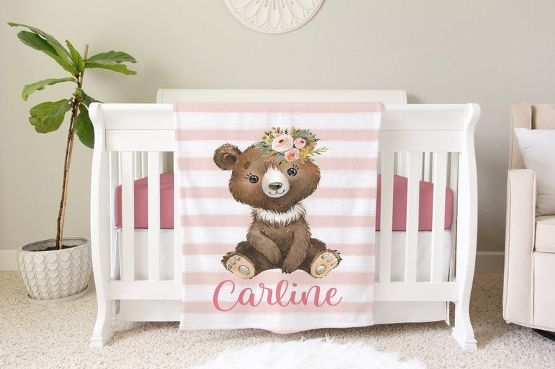 Baby Bear Floral Baby Milestone Blanket With Customized Name For Baby Girl Nursery, Daughter, Granddaughter, Newborn Gifts