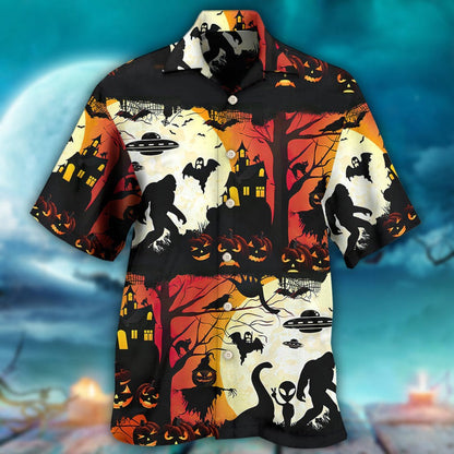 Halloween Bigfoot Hawaiian Shirt, Halloween Ew People Bigfoot UFO Aloha Shirt For Men & Women - Halloween Gift For Members Family, Friends