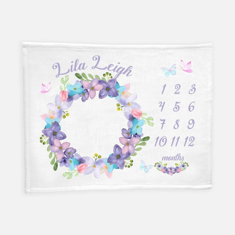 Lilac Floral Baby Milestones Blanket With Customized Name For Baby Girl Nursery, Daughter, Granddaughter